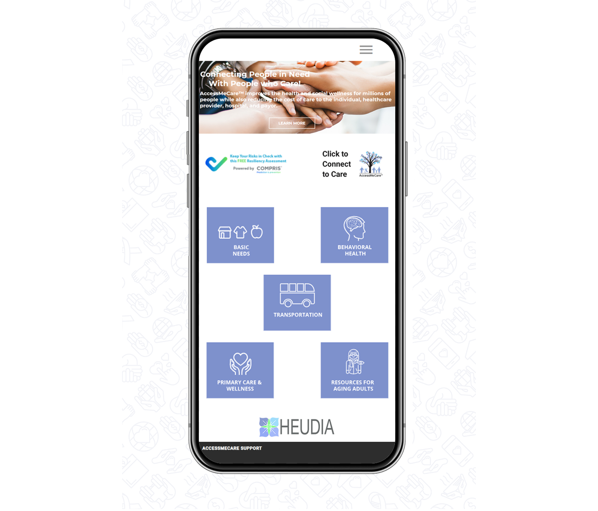 AccessMeCare™ product screenshot — A digital health navigation and care coordination solution that integrates health and social care to address d
